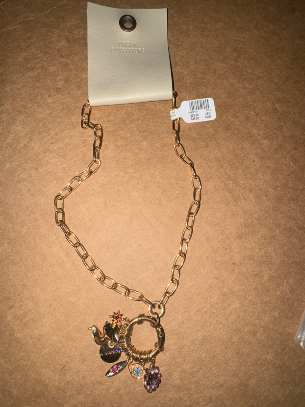 Gold-Tone Charm Necklace with Multicolor Crystal Accents -